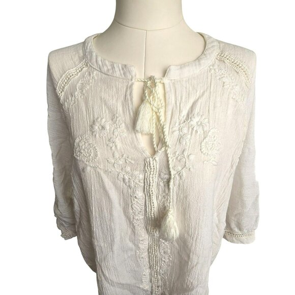 White Embroidered Boho Peasant Top Embroidered With Tassels Size 2X JJ4147 - Picture 2 of 10